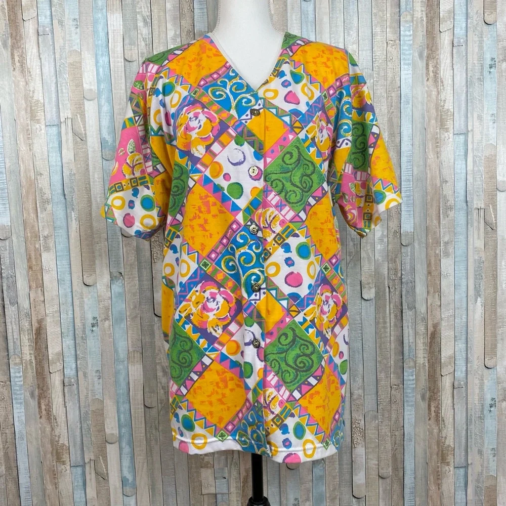 Vintage 80s 90s 20W Center Aisle Plus Size Printed Button Down Shirt Top Shacket - Picture 3 of 7